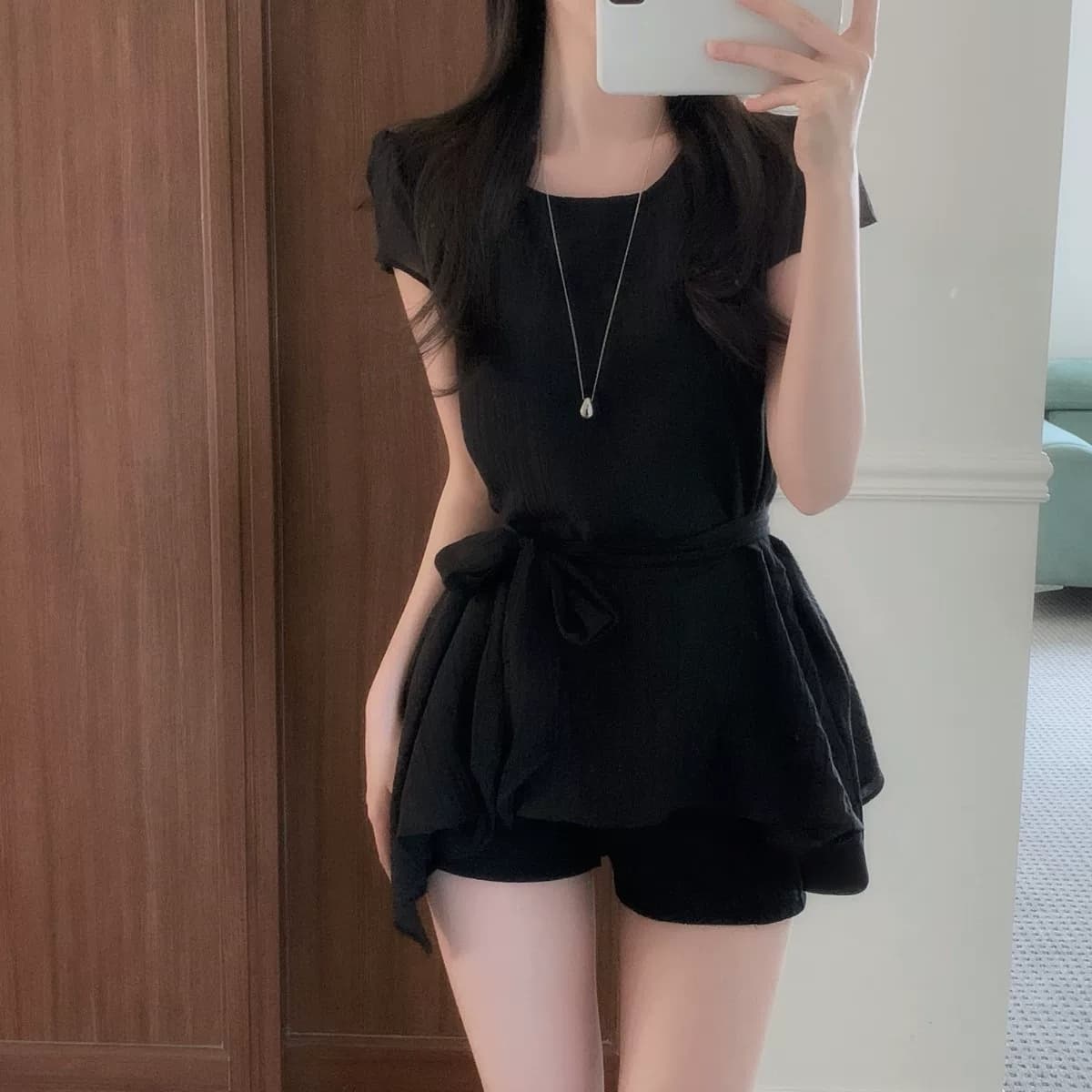 있음 선적 한국 chic 불규칙 반팔 라운드 넥 셔츠 상세 이미지 10