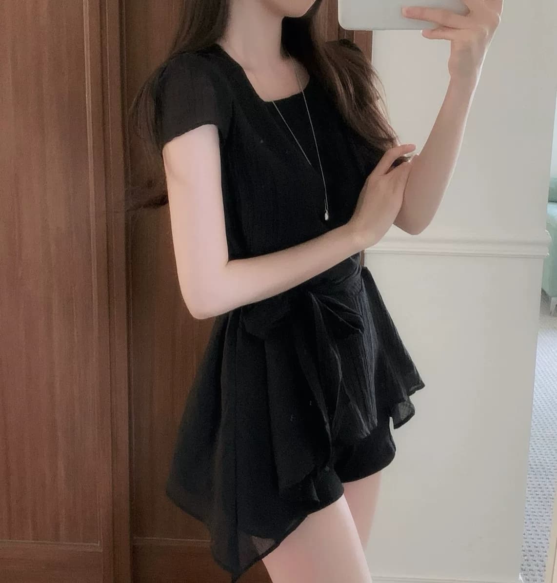 있음 선적 한국 chic 불규칙 반팔 라운드 넥 셔츠 상세 이미지 11