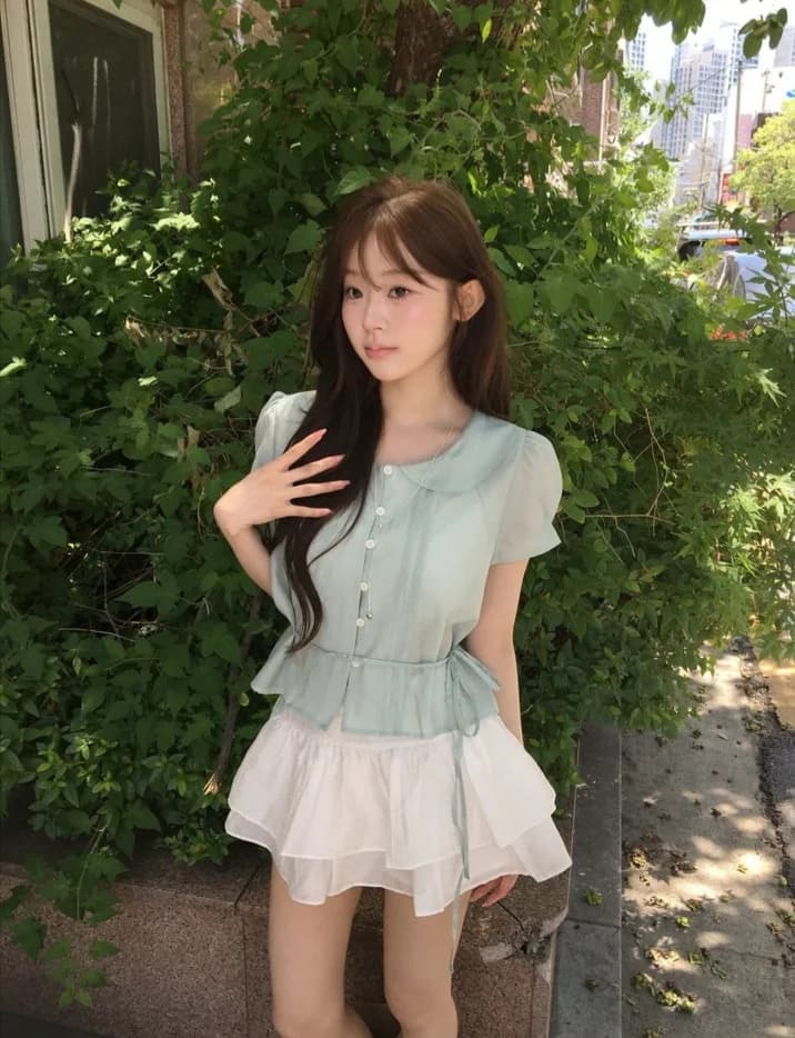 있음 선적 한국 chic 베이비 칼라 우아함 장난기 넘치는 레이스업 반팔 셔츠 이미지 2