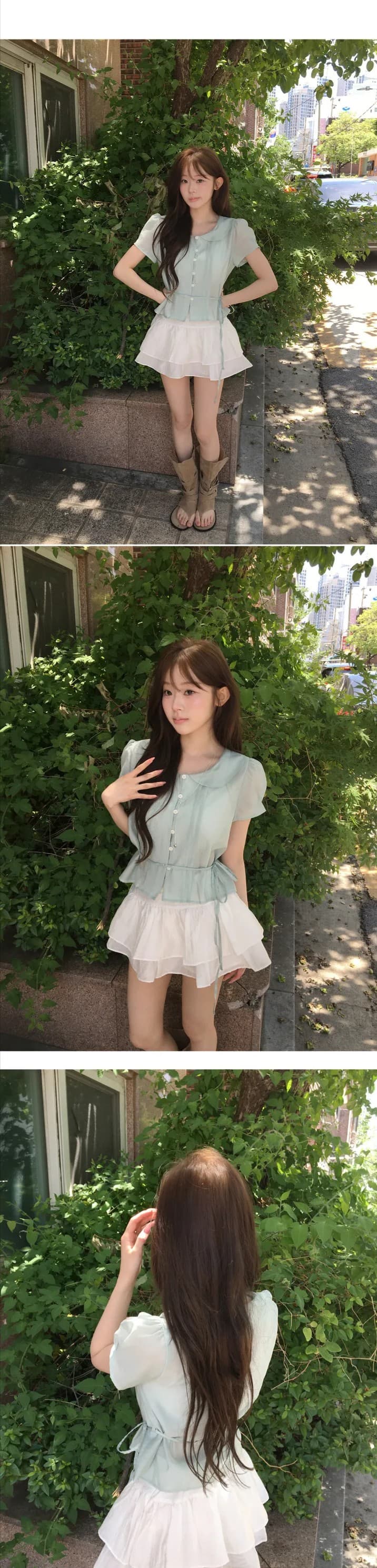 있음 선적 한국 chic 베이비 칼라 우아함 장난기 넘치는 레이스업 반팔 셔츠 상세 이미지 1