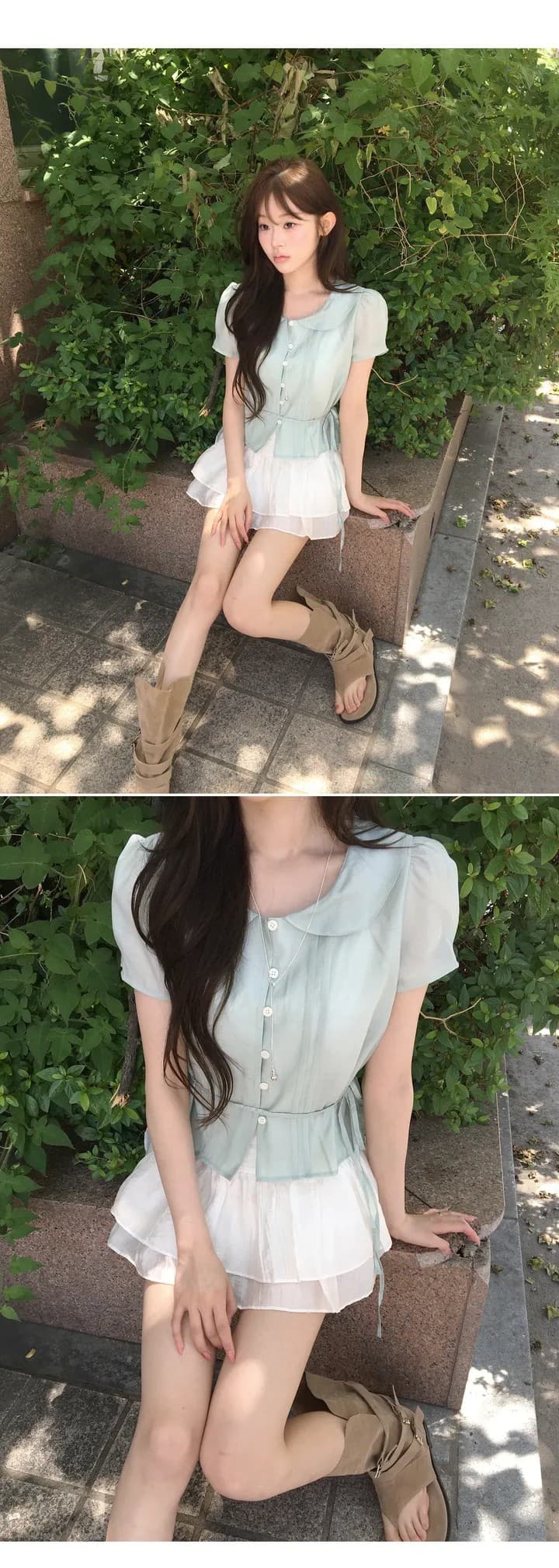있음 선적 한국 chic 베이비 칼라 우아함 장난기 넘치는 레이스업 반팔 셔츠 상세 이미지 4