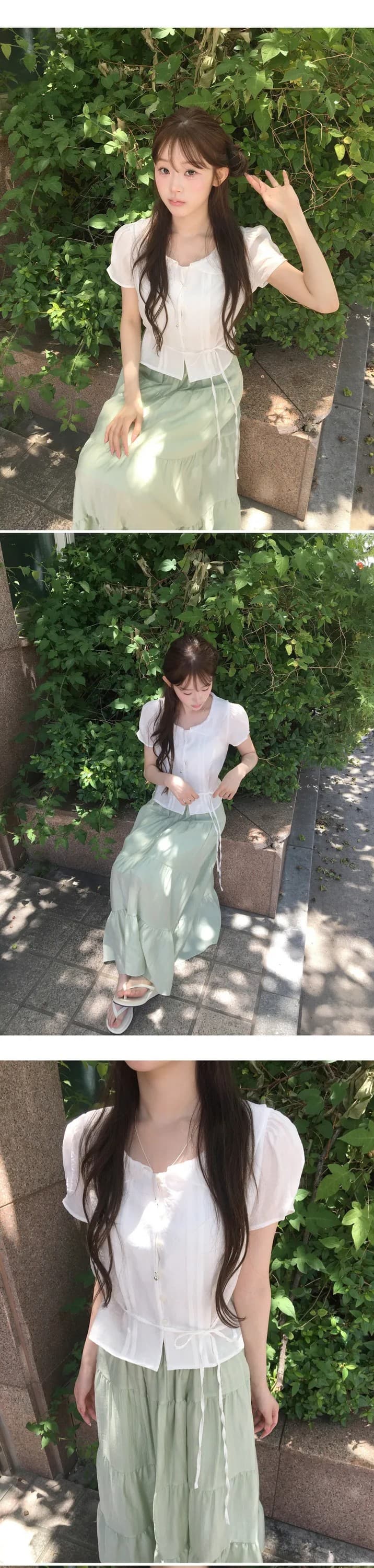 있음 선적 한국 chic 베이비 칼라 우아함 장난기 넘치는 레이스업 반팔 셔츠 상세 이미지 7