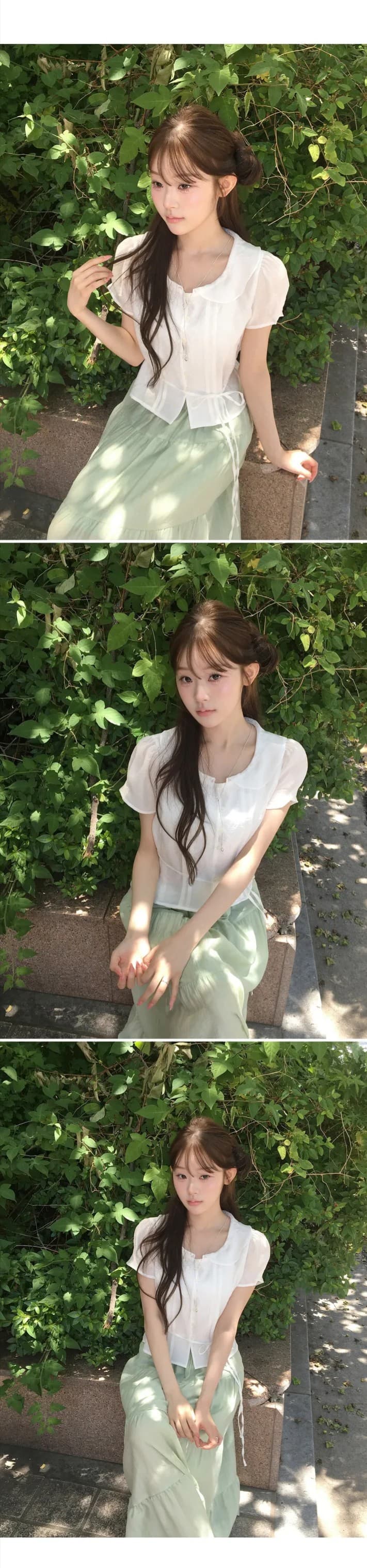 있음 선적 한국 chic 베이비 칼라 우아함 장난기 넘치는 레이스업 반팔 셔츠 상세 이미지 9
