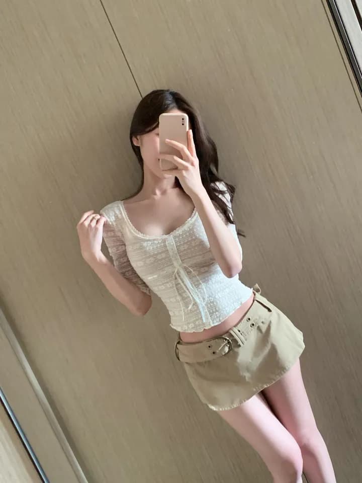 있음 선적 한국 ins 아름다운 레이스 광장 칼라 스트랩 반팔 티셔츠 이미지 3