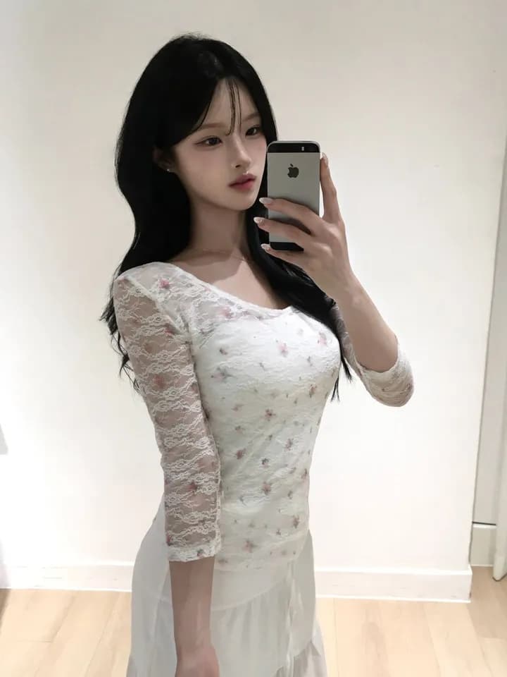 있음 선적 한 부서 순수한 욕망 바람 레이스 꽃무늬 이중층 u 칼라 몸매 가꾸기 중간 소매 t
