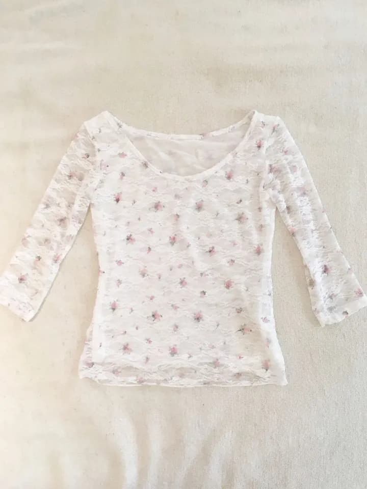 있음 선적 한 부서 순수한 욕망 바람 레이스 꽃무늬 이중층 u 칼라 몸매 가꾸기 중간 소매 t 상세 이미지 7