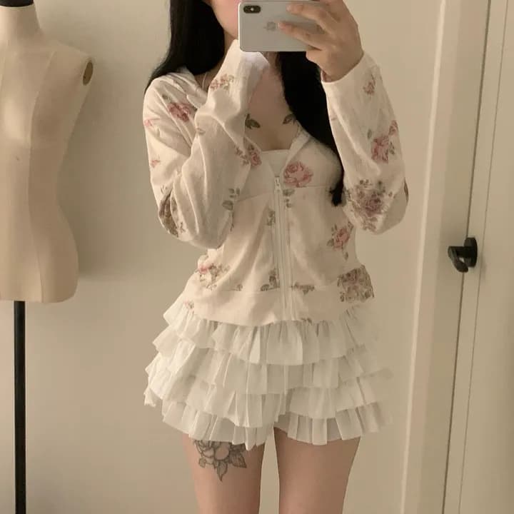 있음 선적 한국 chic 얇은 스타일 꽃무늬 지퍼 후드 자외선 차단 재킷 이미지 2
