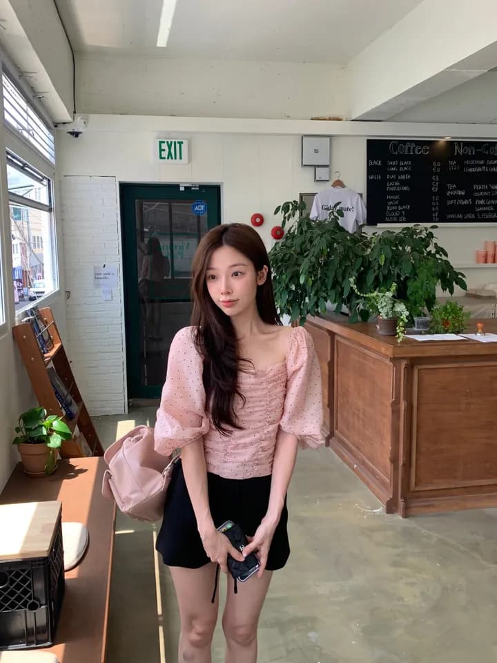 한국 ins 품격 달콤함 잡아라. Pleat 몸매 가꾸기 관대 한 칼라 수 있습니다. 오프숄더 셔츠 상세 이미지 18