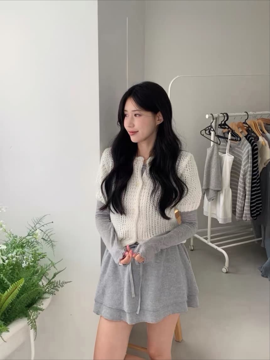 있음 선적 한국 ins 라운드 넥 부서 버클 반팔 니트 카디건 코트 상세 이미지 7