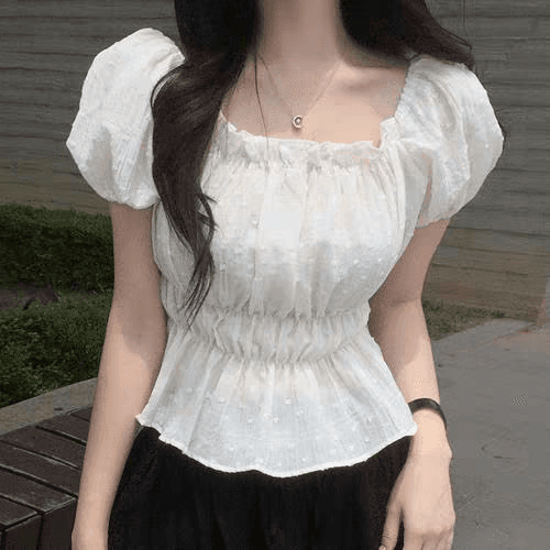 있음 선적 한국 ins 주름 허리 수축 자카드 수 있습니다. 오프숄더 버블 반팔 셔츠