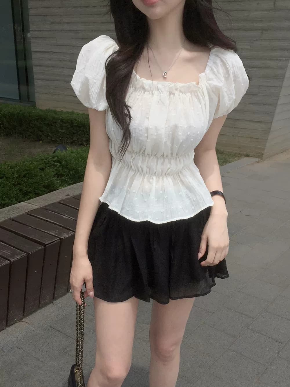 있음 선적 한국 ins 주름 허리 수축 자카드 수 있습니다. 오프숄더 버블 반팔 셔츠 상세 이미지 4