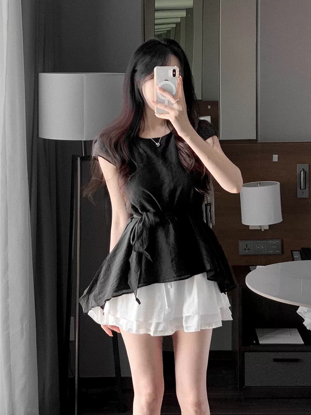 있음 선적 한국 chic 달콤함 레이스업 허리 수축 반팔 셔츠 상세 이미지 17