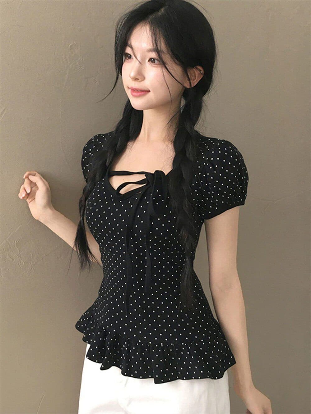 있음 선적 한국 chic Chic 스트랩 u 칼라 연꽃 잎 옆으로 눕다. 바르게 되다 어깨 티셔츠 상세 이미지 8