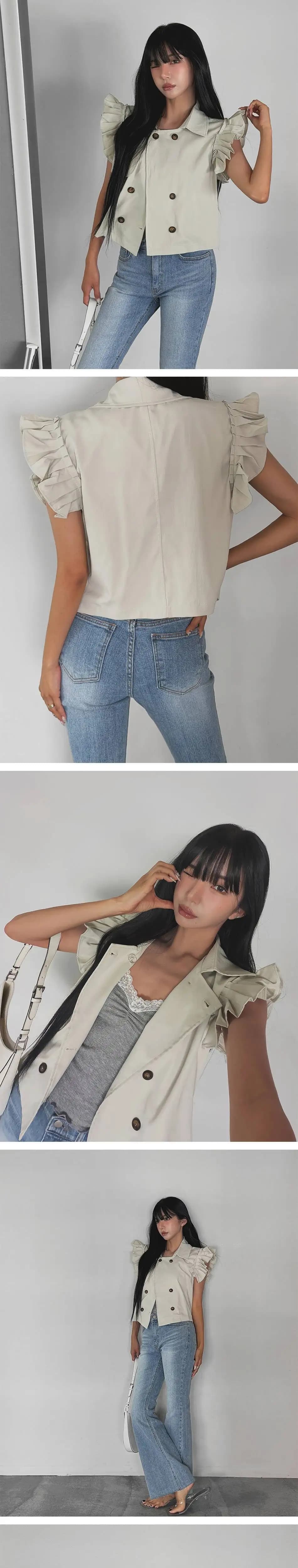 있음 선적 한국 ins 디자인 센스 개성 루즈핏 폴로 칼라 이중 버튼 레이스 민소매 재킷 상세 이미지 2