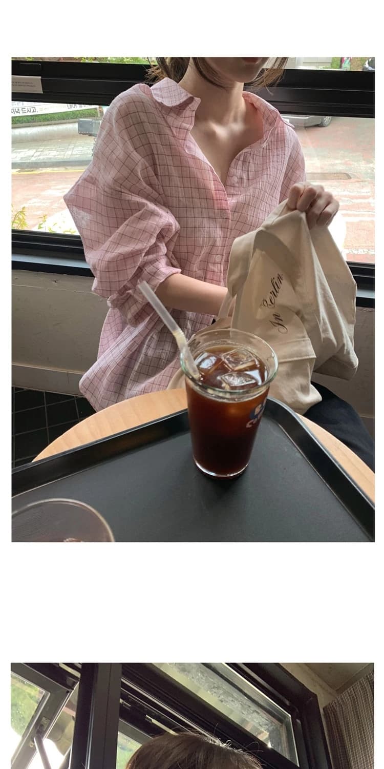 있음 선적 한국 ins 달콤함 소녀 얇은 스타일 자외선 차단 루즈핏 체크무늬 긴팔 셔츠 상세 이미지 5