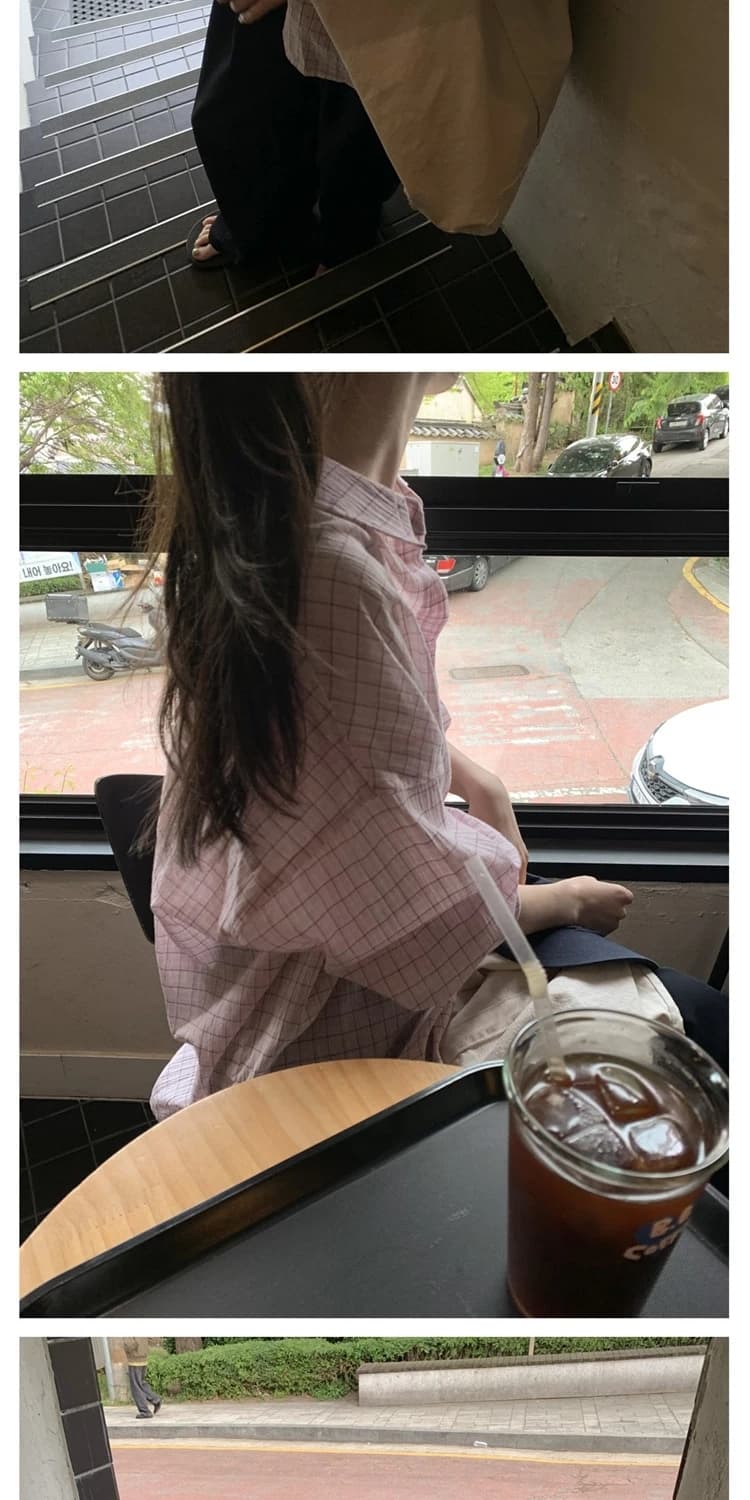 있음 선적 한국 ins 달콤함 소녀 얇은 스타일 자외선 차단 루즈핏 체크무늬 긴팔 셔츠 상세 이미지 7