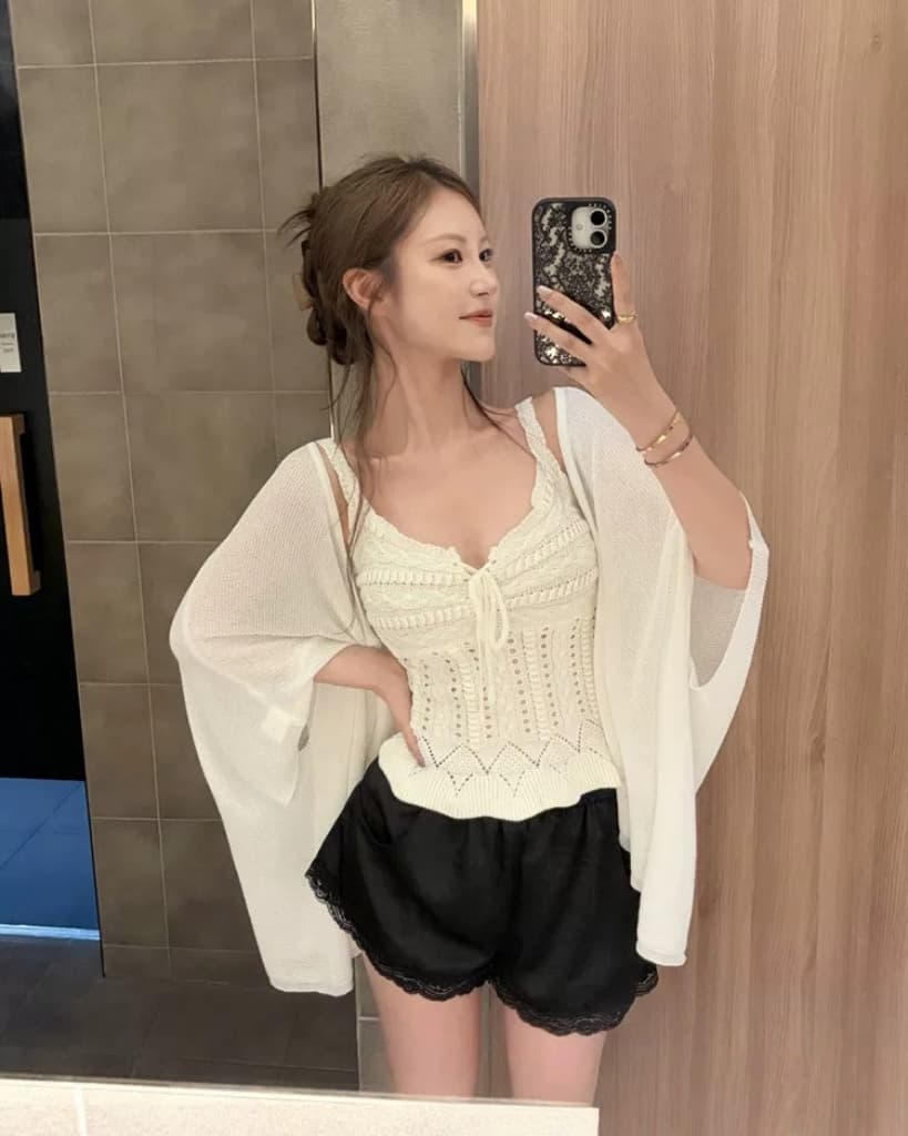 있음 선적 한국 ins 패션 레이스업 빅 브이 넥 패턴 짜임 니트 캐미솔 상세 이미지 10