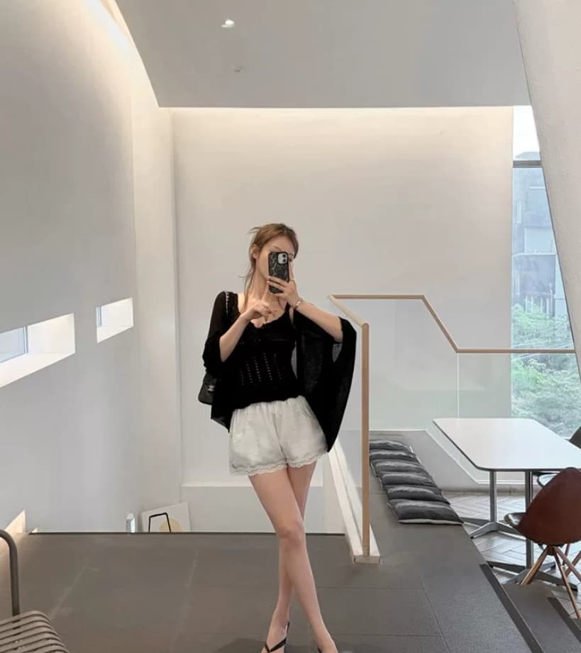 있음 선적 한국 ins 패션 레이스업 빅 브이 넥 패턴 짜임 니트 캐미솔 상세 이미지 22