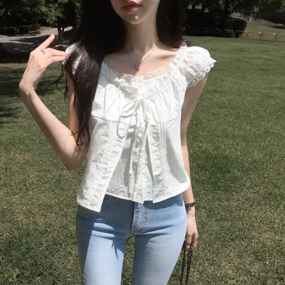 있음 선적 한국 ins 품격 달콤함 레이스 레이스업 페이크 레이어드 반팔 셔츠 상세 이미지 6