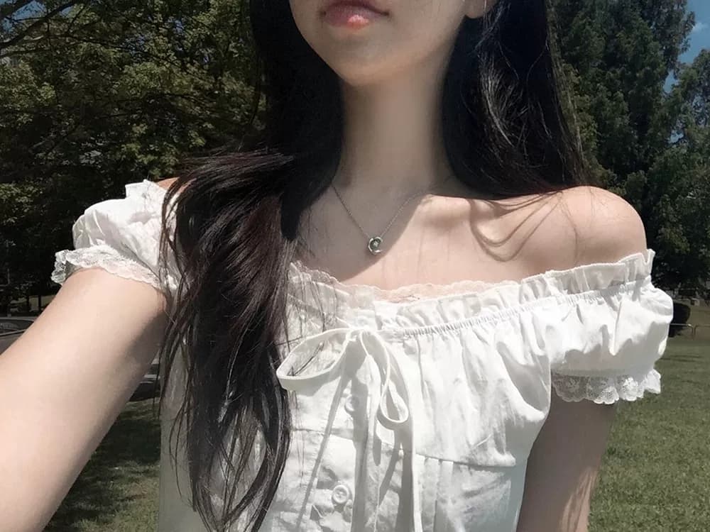 있음 선적 한국 ins 품격 달콤함 레이스 레이스업 페이크 레이어드 반팔 셔츠 상세 이미지 7