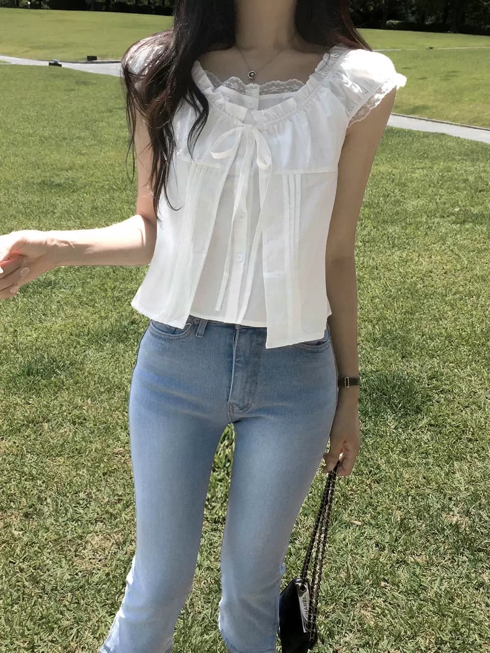 있음 선적 한국 ins 품격 달콤함 레이스 레이스업 페이크 레이어드 반팔 셔츠 상세 이미지 9