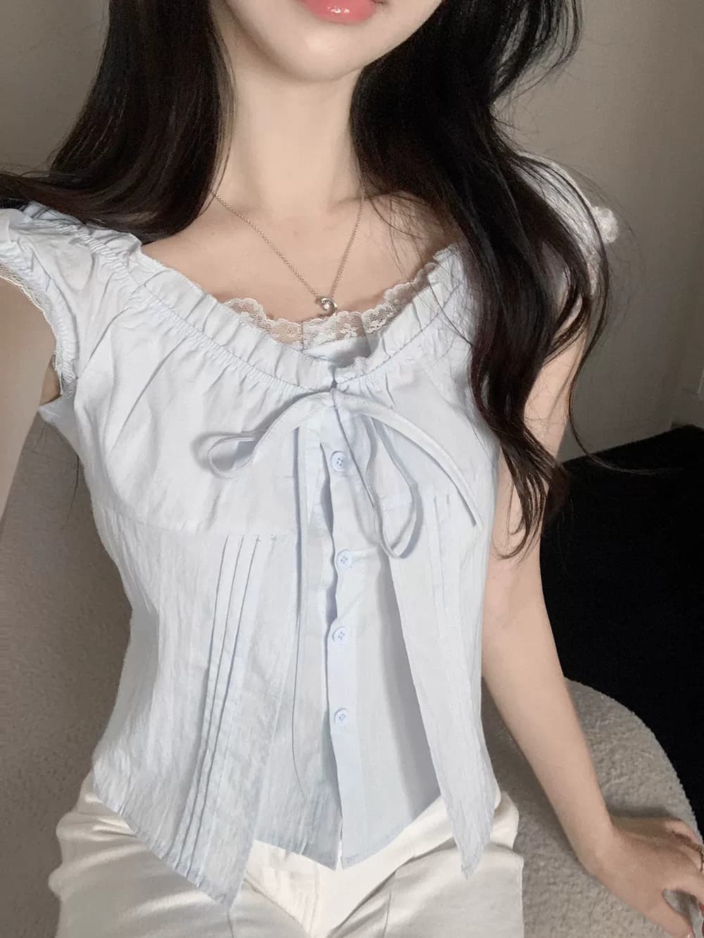 있음 선적 한국 ins 품격 달콤함 레이스 레이스업 페이크 레이어드 반팔 셔츠 상세 이미지 16