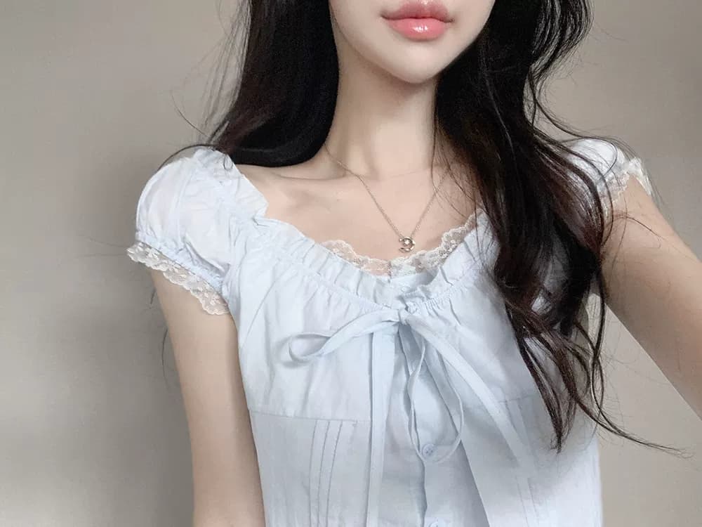 있음 선적 한국 ins 품격 달콤함 레이스 레이스업 페이크 레이어드 반팔 셔츠 상세 이미지 17