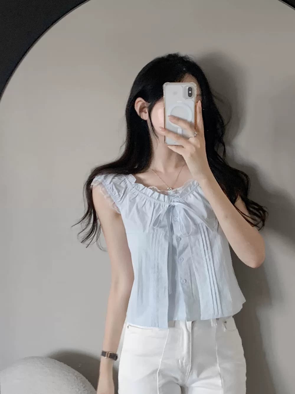있음 선적 한국 ins 품격 달콤함 레이스 레이스업 페이크 레이어드 반팔 셔츠 상세 이미지 18