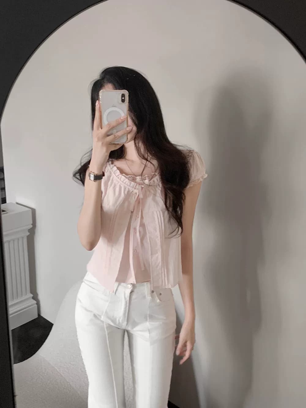 있음 선적 한국 ins 품격 달콤함 레이스 레이스업 페이크 레이어드 반팔 셔츠 상세 이미지 22
