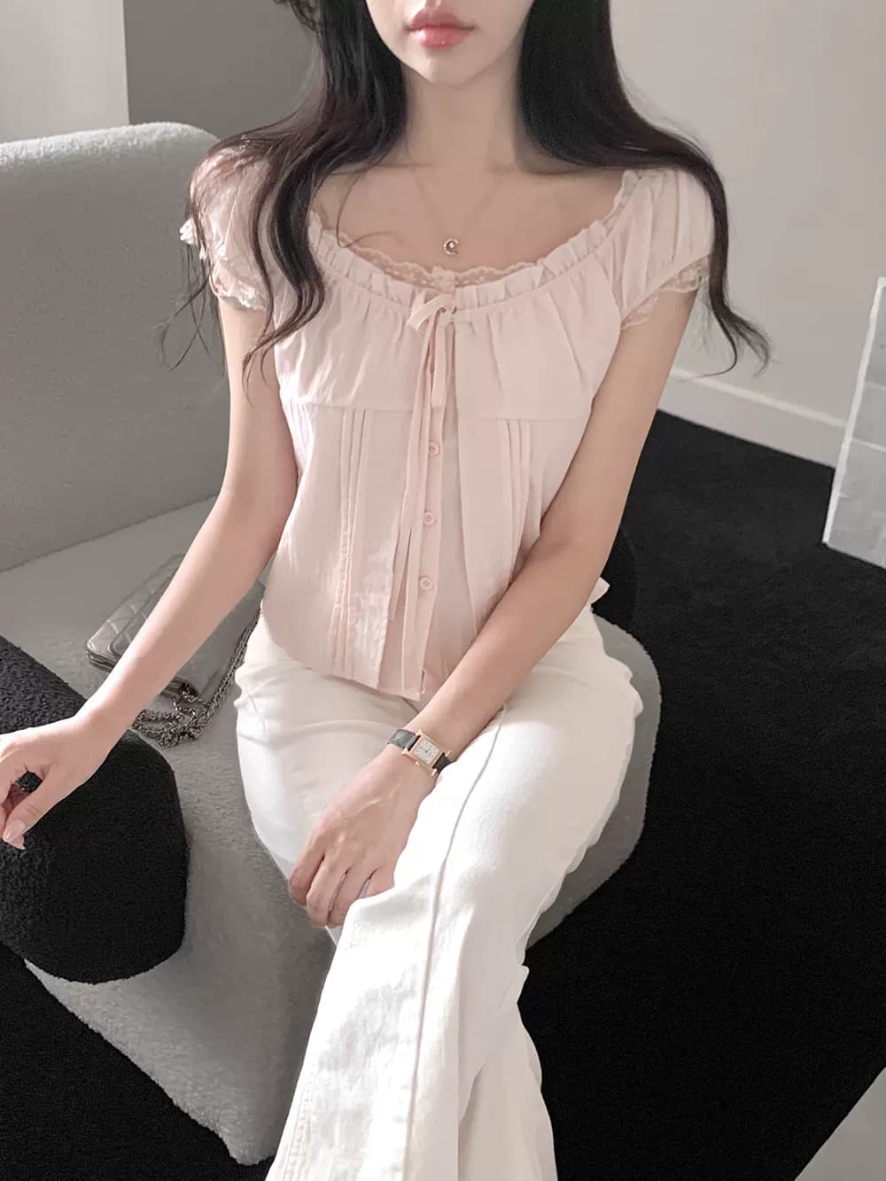 있음 선적 한국 ins 품격 달콤함 레이스 레이스업 페이크 레이어드 반팔 셔츠 상세 이미지 24