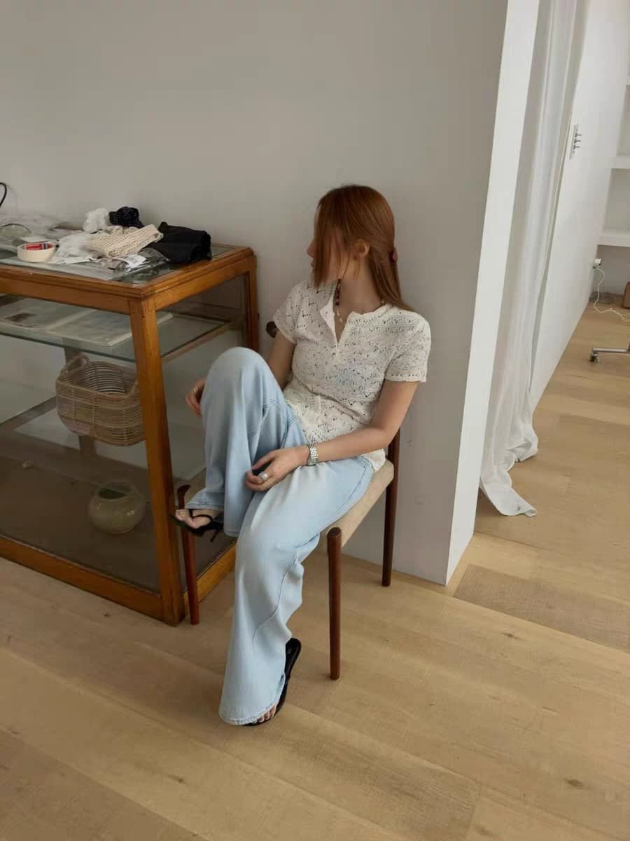 있음 선적 한국 ins 세련된 거리 슛 외국 가스 홀로우 아웃 자수 허리 수축 니트 반팔 맨위 상세 이미지 13