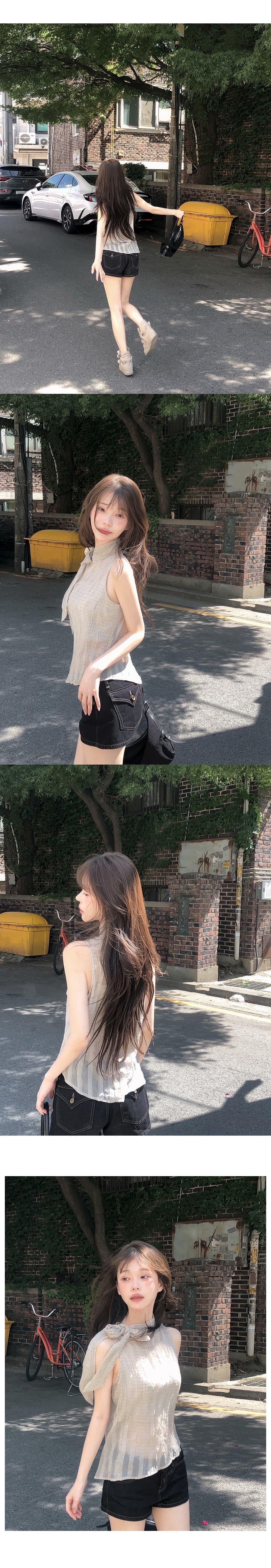 있음 선적 한국 ins 나비 넥타이 스탠드 칼라 민소매 체크무늬 조끼 상세 이미지 3