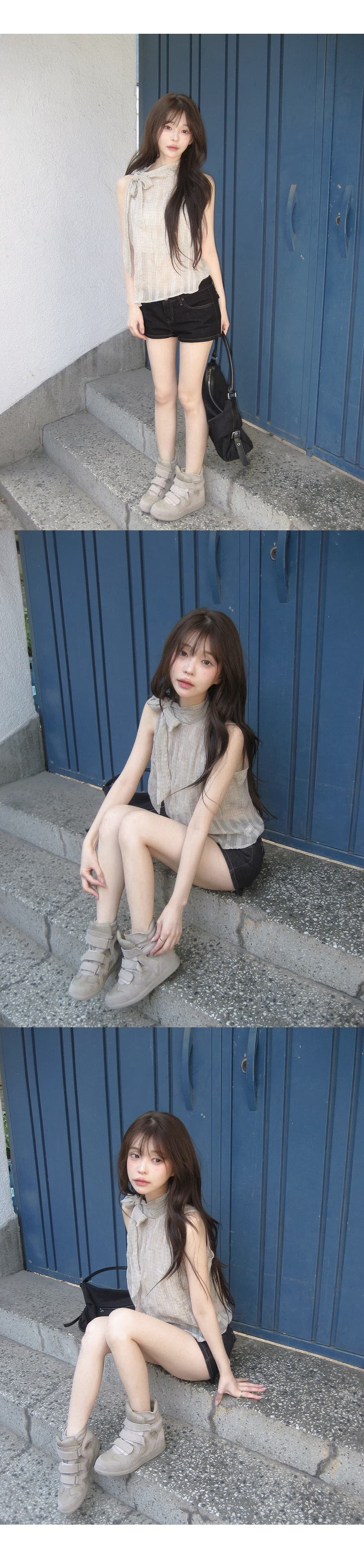 있음 선적 한국 ins 나비 넥타이 스탠드 칼라 민소매 체크무늬 조끼 상세 이미지 5