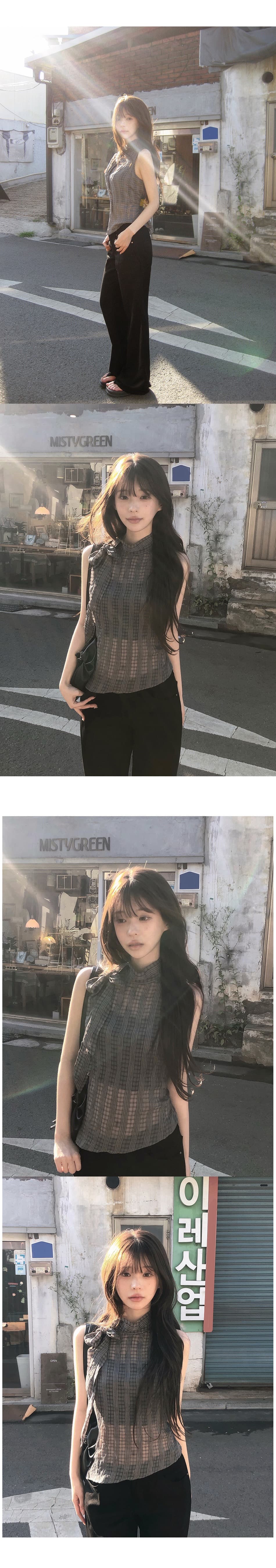 있음 선적 한국 ins 나비 넥타이 스탠드 칼라 민소매 체크무늬 조끼 상세 이미지 9