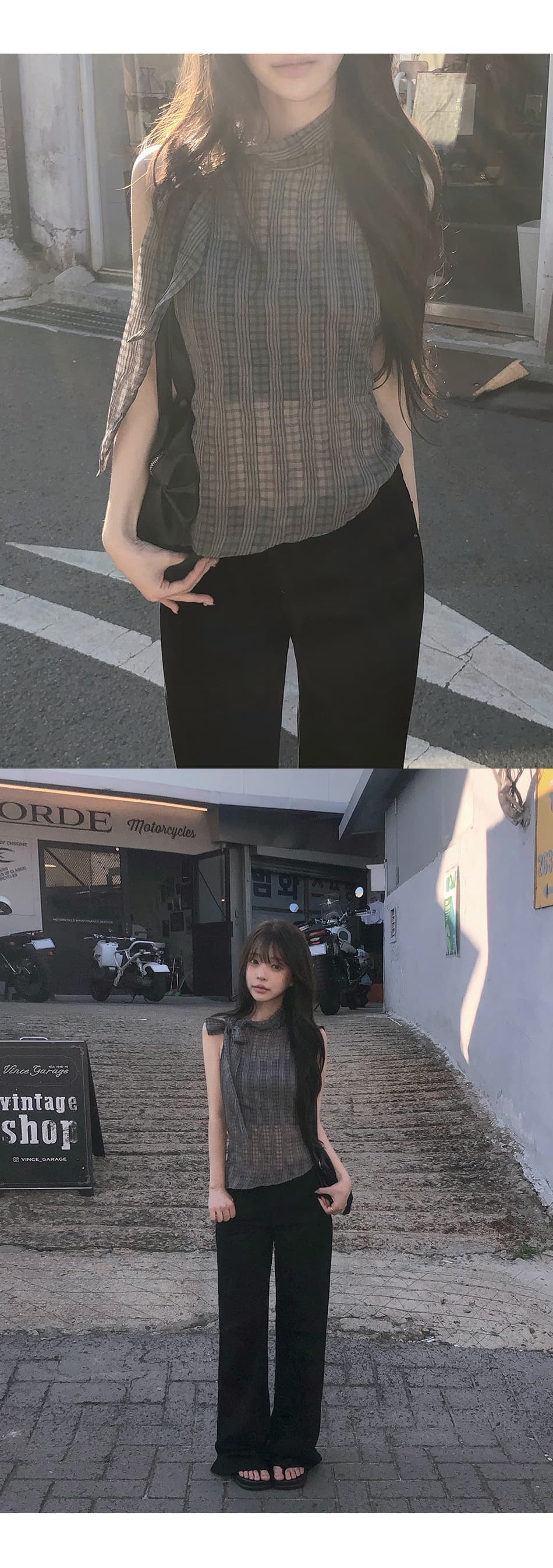있음 선적 한국 ins 나비 넥타이 스탠드 칼라 민소매 체크무늬 조끼 상세 이미지 10