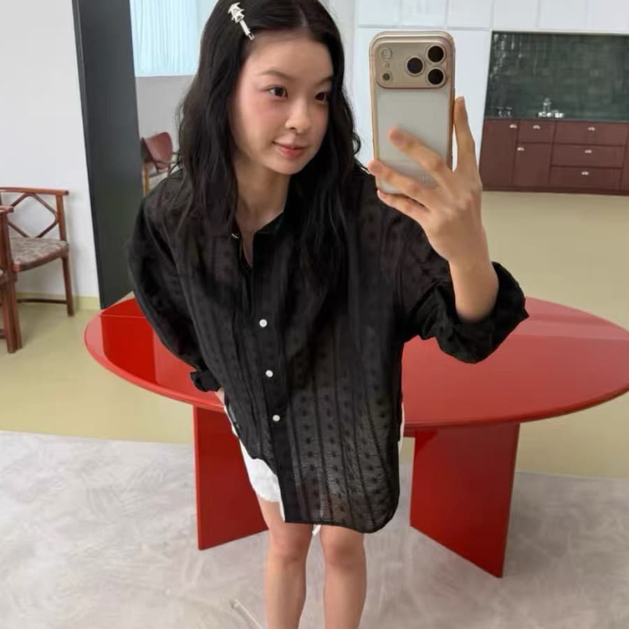 있음 선적 한국 chic 느긋한 바람 루즈핏 홀로우 아웃 자수 셔츠 이미지 3