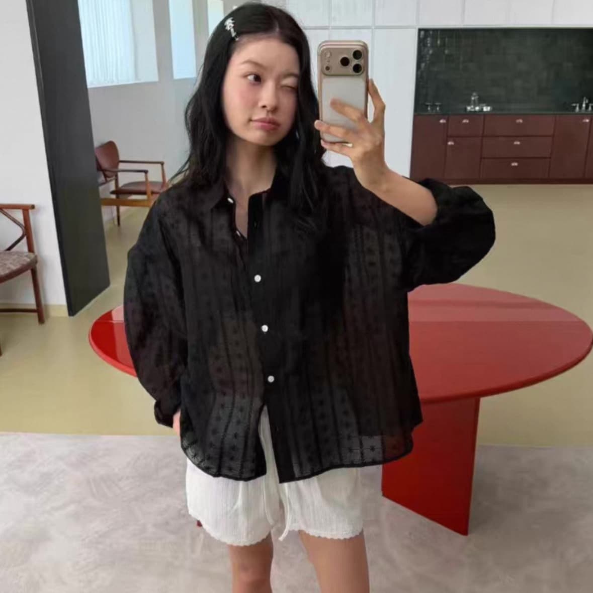 있음 선적 한국 chic 느긋한 바람 루즈핏 홀로우 아웃 자수 셔츠 이미지 4