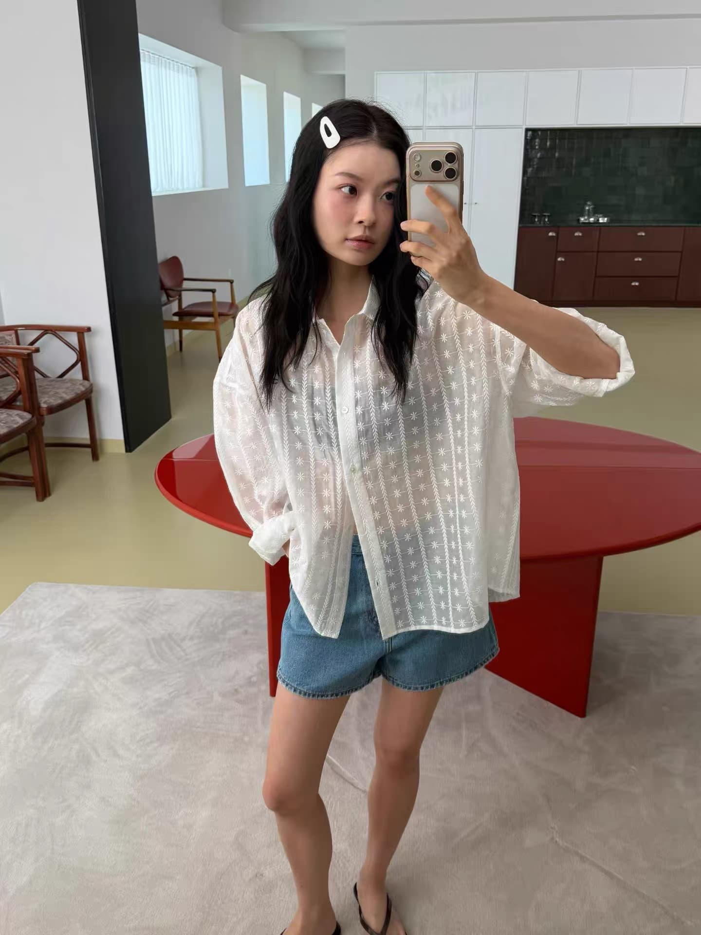있음 선적 한국 chic 느긋한 바람 루즈핏 홀로우 아웃 자수 셔츠 상세 이미지 3