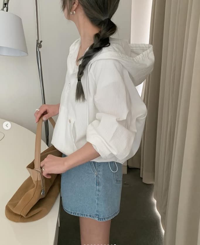 있음 선적 한국 chic 스트라이프 캐주얼 느긋한 바람 후드 펌프 로프 반 개방 칼라 얇은 스타일 국방 사이 의류 이미지 4