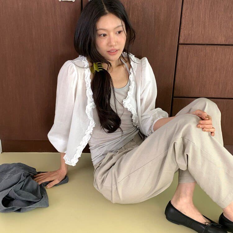 있음 선적 한국 ins 목이버섯 꽃 옆문 襟 긴팔 셔츠 이미지 2