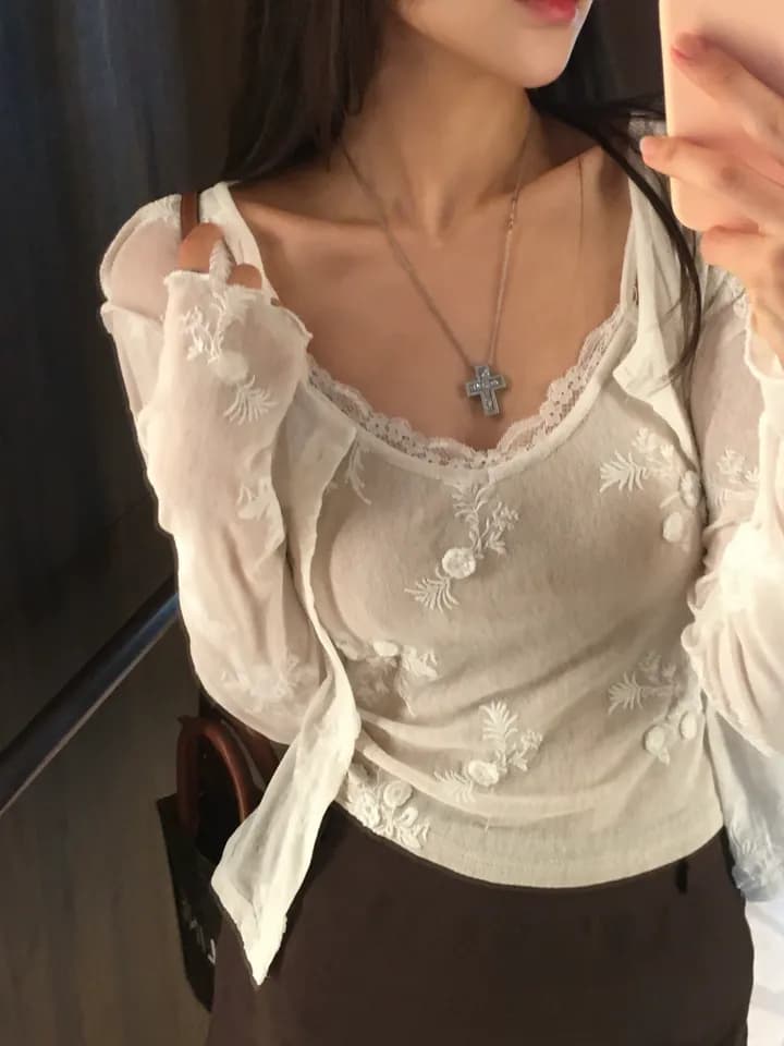 한국 ins 패션 디자인 센스 자카드 레이스 얇은 스타일 오픈 가디건 슬립 세트 이미지 2