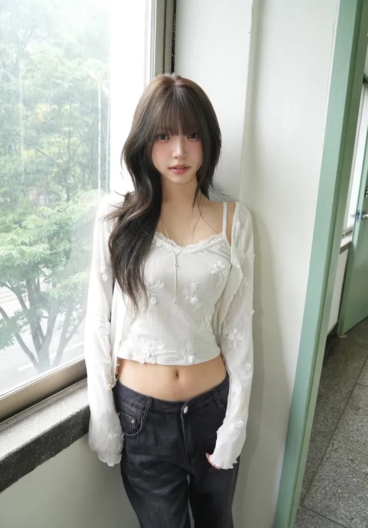 한국 ins 패션 디자인 센스 자카드 레이스 얇은 스타일 오픈 가디건 슬립 세트 이미지 3