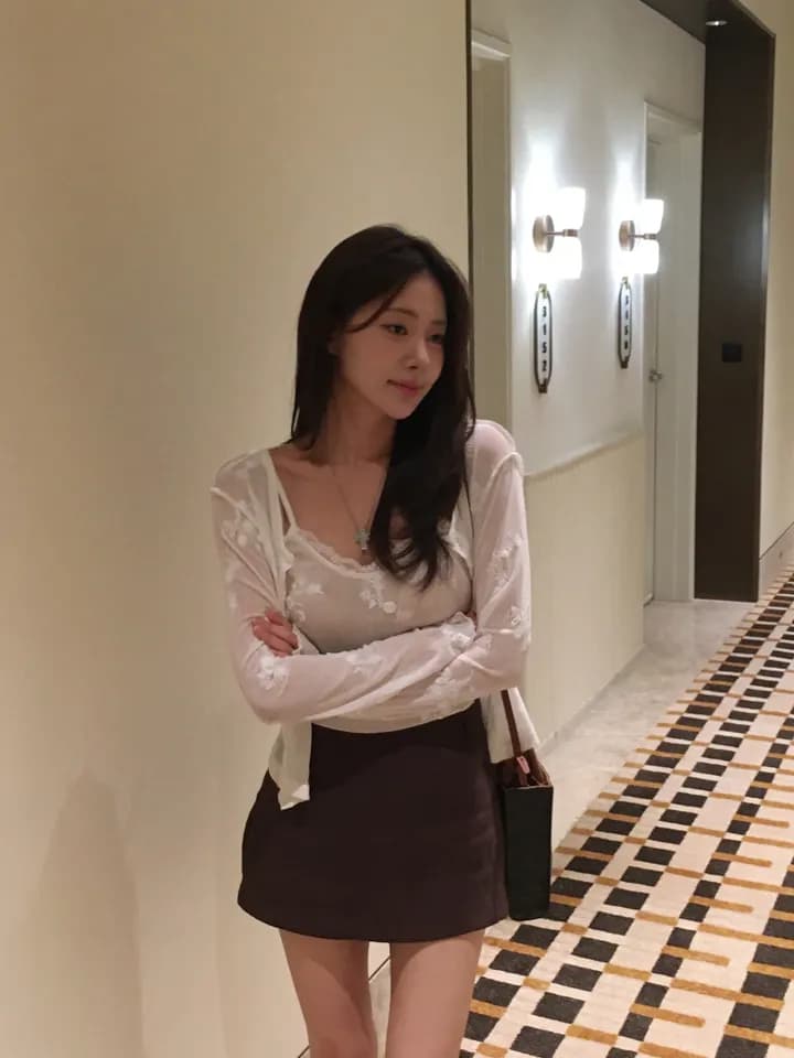 한국 ins 패션 디자인 센스 자카드 레이스 얇은 스타일 오픈 가디건 슬립 세트 상세 이미지 2