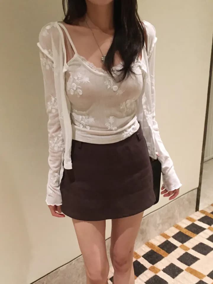 한국 ins 패션 디자인 센스 자카드 레이스 얇은 스타일 오픈 가디건 슬립 세트 상세 이미지 3