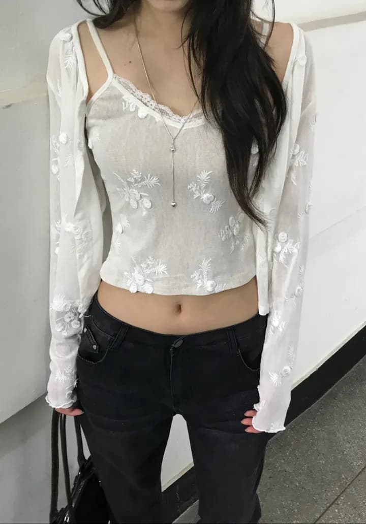 한국 ins 패션 디자인 센스 자카드 레이스 얇은 스타일 오픈 가디건 슬립 세트 상세 이미지 8
