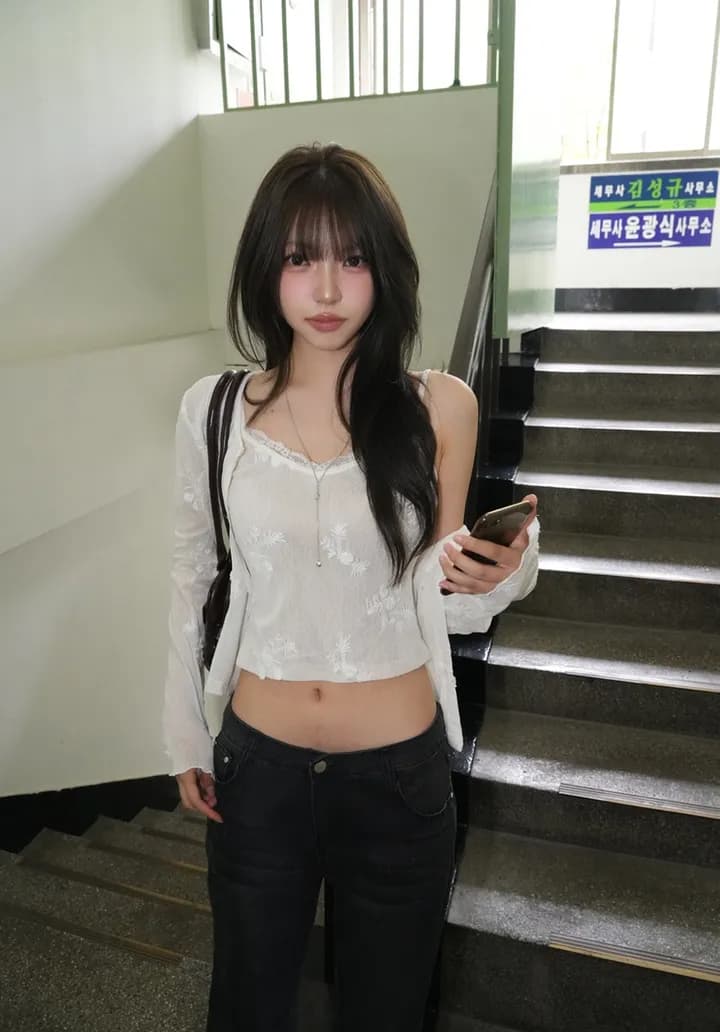 한국 ins 패션 디자인 센스 자카드 레이스 얇은 스타일 오픈 가디건 슬립 세트 상세 이미지 11