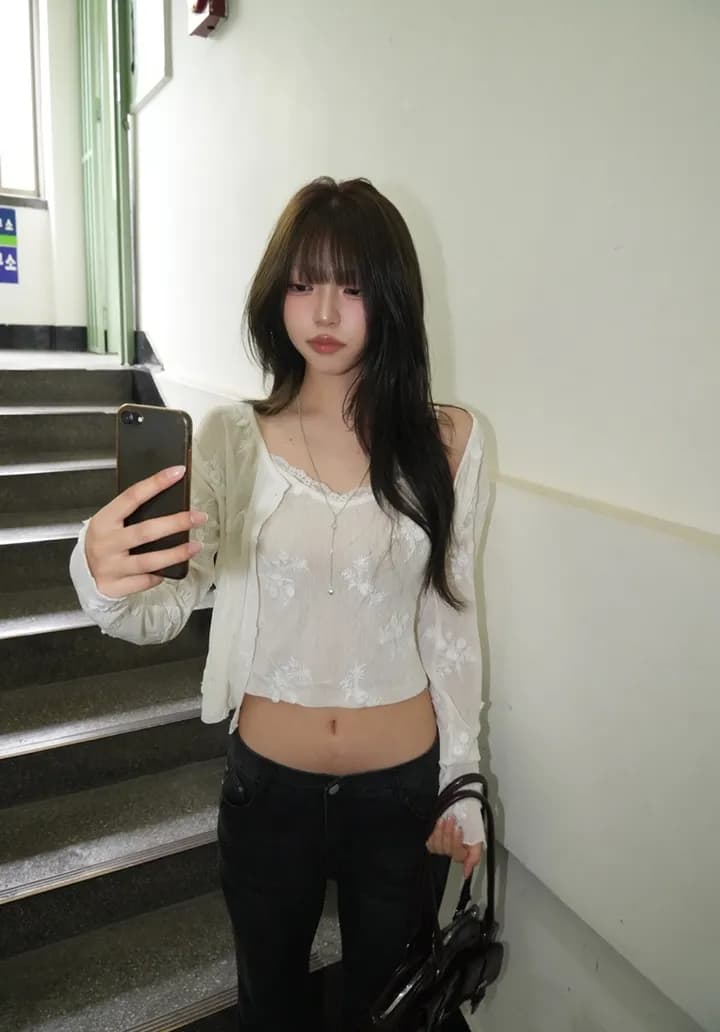 한국 ins 패션 디자인 센스 자카드 레이스 얇은 스타일 오픈 가디건 슬립 세트 상세 이미지 12