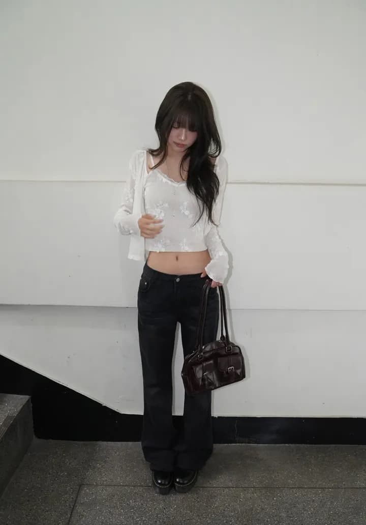 한국 ins 패션 디자인 센스 자카드 레이스 얇은 스타일 오픈 가디건 슬립 세트 상세 이미지 13