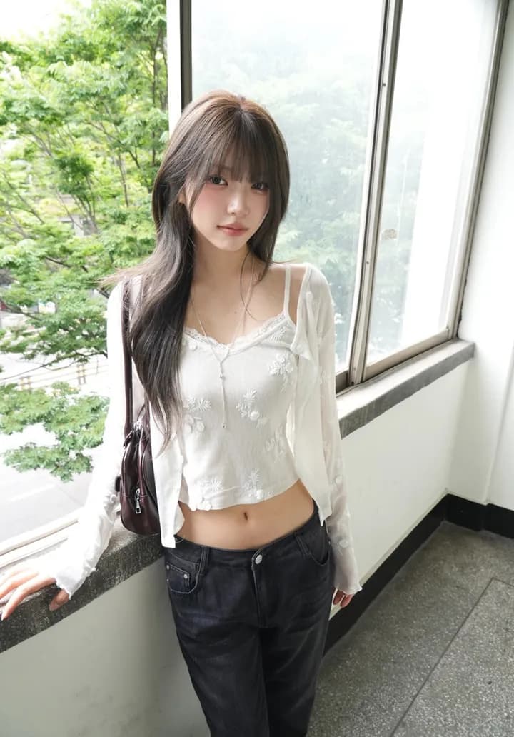 한국 ins 패션 디자인 센스 자카드 레이스 얇은 스타일 오픈 가디건 슬립 세트 상세 이미지 20