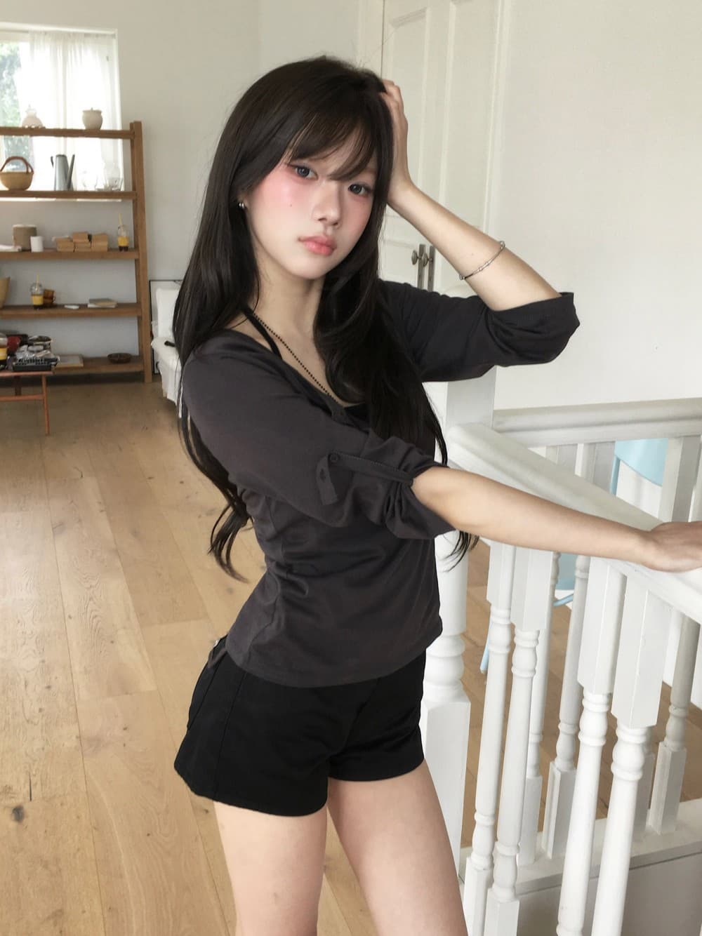 한국 ins 기타 버클 수 있습니다. 조정 반 개방 칼라 일상 7부 소매 맨위 이미지 2